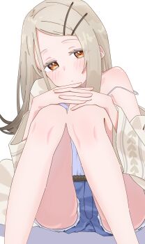  1girl :/ absurdres bare_legs blonde_hair blush camisole colored_eyelashes commentary_request denim denim_shorts feet_out_of_frame flipped_hair gakuen_idolmaster grey_hair head_tilt highres idolmaster interlocked_fingers knees_together_feet_apart knees_up long_hair looking_at_viewer orange_eyes own_hands_together robe sainarohh shinosawa_hiro short_shorts shorts simple_background single_bare_shoulder sitting solo strap_slip white_background white_camisole white_robe 