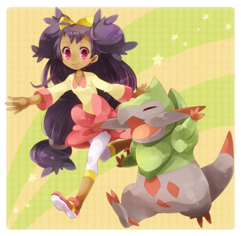  1girl ahoge border bow closed_eyes closed_mouth clothes_around_waist commentary_request dark-skinned_female dark_skin fraxure gen_5_pokemon hair_bow iris_(pokemon) long_hair long_sleeves nintendo open_mouth outstretched_arms pants pink_eyes pink_shoes pokemon pokemon_(creature) pokemon_bw purple_hair shirt shoes shooting428star smile spread_arms star_(symbol) very_long_hair white_border white_pants yellow_bow 