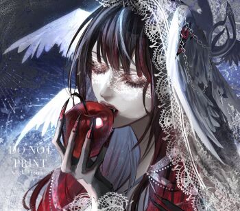  1girl apple artist_name biting black_hair bridal_veil chain closed_eyes columbina_(genshin_impact) commentary eye_mask eyeshadow fang fingernails food fruit genshin_impact head_wings highres holding holding_food holding_fruit lipstick long_hair makeup mask multicolored_hair red_nails siviii_7 solo streaked_hair veil watermark wings 