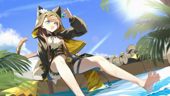 1girl absurdres animal_ears animal_hood arknights barefoot black_jacket black_ribbon black_shorts blue_eyes brown_hair cat_ears cat_girl cat_hood cat_tail collared_shirt commentary_request day fang feet gem gold_thighlet hand_up highres holding holding_gem hood hood_up hooded_jacket jacket jewelry long_hair long_sleeves looking_at_object navel neck_ribbon open_clothes open_jacket open_mouth outdoors palm_tree pepe_(arknights) puffy_long_sleeves puffy_sleeves ribbon shirt short_shorts shorts sitting skin_fang sky solo tail tail_ornament tail_ring thighlet toes tree wako_(1194433260) water white_shirt 