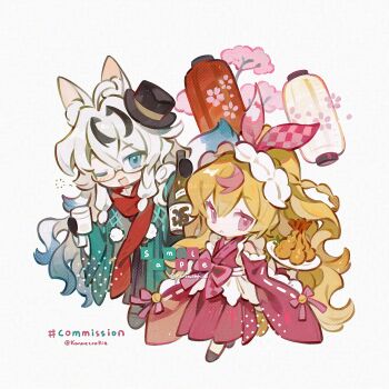  2girls :c ;d ahoge animal_ear_fluff animal_ears black-framed_eyewear black_hair black_hat blonde_hair blue_eyes blue_hair blush bottle chibi chibi_only closed_mouth cup double-parted_bangs fox_ears fox_girl fox_tail full_body glasses hair_between_eyes hair_intakes hat highres holding holding_bottle holding_cup japanese_clothes kanae_(cookie) kimono lantern long_hair long_sleeves looking_at_viewer multicolored_hair multiple_girls one_eye_closed open_mouth original paper_lantern red_kimono sake_bottle sample_watermark simple_background smile standing streaked_hair tail top_hat twitter_username watermark white_background white_hair wide_sleeves 