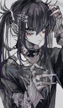  1girl bags_under_eyes black_choker black_hair choker commentary hair_ornament hairpin hand_on_own_head highres holding jagged_sclera jewelry medium_hair nail_polish original ring satoinu111 shirt simple_background spiked_choker spiked_ear_piercing spikes t-shirt twintails 