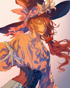  1boy acidiccandles androgynous black_hat brown_hair closed_mouth commentary corset english_commentary feathers floating_hair frilled_shirt frills gradient_background grey_background hair_between_eyes hair_ornament hair_scrunchie hat hat_feather hat_ornament highres klein_moretti large_hat long_hair long_sleeves looking_at_viewer lord_of_the_mysteries low_ponytail male_focus merlin_hermes outstretched_hand poet_shirt ponytail puffy_long_sleeves puffy_sleeves reaching reaching_towards_viewer scrunchie shirt side_ponytail sidelighting smile solo top_hat upper_body white_shirt 