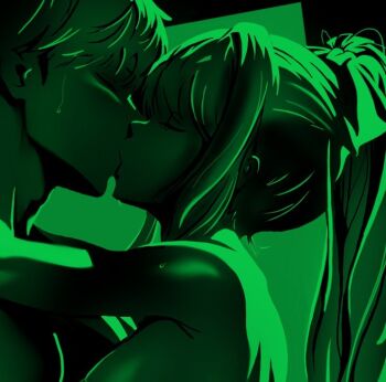  1boy 1girl arm_around_back breasts close-up closed_eyes commentary completely_nude dark doki_doki_literature_club english_commentary eyelashes foreplay french_kiss from_side green_light green_theme hetero high_contrast high_ponytail hug jason_viera kiss large_breasts long_hair loose_hair_strand monika_(doki_doki_literature_club) monochrome nipples nude ponytail protagonist_(doki_doki_literature_club) shiny_skin sideboob sidelighting sidelocks sweat 