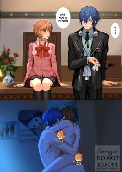  1boy 1girl absurdres are_you_a_virgin?_(meme) blue_hair bow brown_hair censored character_censor collar completely_nude couple gekkoukan_high_school_uniform headphones highres hug kinphyre kiss meme novelty_censor nude parody persona persona_3 persona_3_reload red_bow scene_reference school_uniform sex short_hair sitting skirt straddling takeba_yukari thighhighs upright_straddle watermark yuuki_makoto_(persona_3) 