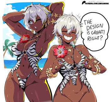  1girl ^_^ animal_print armpits bikini blue_sky breasts clenched_teeth closed_eyes cloud commentary dark-skinned_female dark_skin day elena_(street_fighter) english_commentary english_text grin groin hair_between_eyes highleg highleg_bikini highres large_breasts lewdamone multiple_views no_panties o-ring o-ring_bikini o-ring_top ocean official_alternate_costume out-of-frame_censoring patreon_username short_hair sky smile street_fighter street_fighter_6 swimsuit teeth thong_bikini wet white_background white_hair zebra_print 