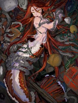 1girl angry armpit_crease artist_name bare_shoulders bdsm body_fins bondage bound buoy commentary_request english_text fins fishing_line glass_bottle hair_between_eyes highres long_hair long_hair_between_eyes looking_at_viewer lying mermaid monster_girl navel net on_back orange_scales orange_tail original red_hair rope seaweed signature solo tail tamoike_(tamepond) thick_eyebrows two-tone_tail very_long_hair watermark white_scales white_tail yellow_eyes 