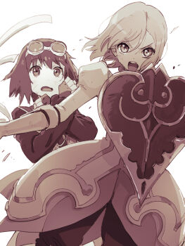 2girls :o azuma_yukihiko estellise_sidos_heurassein fingerless_gloves gloves goggles goggles_on_head holding holding_shield juliet_sleeves long_sleeves monochrome multiple_girls open_mouth protecting puffy_sleeves rita_mordio shield short_hair tales_of_(series) tales_of_vesperia teeth upper_teeth_only v-shaped_eyebrows