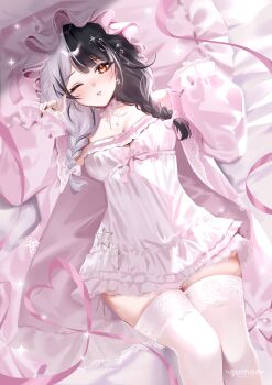  1girl absurdres bed_sheet black_hair black_nails blush bow braid breasts coat commentary earrings empire_waist english_commentary feet_out_of_frame frilled_nightgown from_above grey_hair gumae hair_bow hair_ornament hat heart highres hololive hololive_english jewelry lace lace-trimmed_thighhighs lace_trim large_breasts long_hair long_sleeves looking_at_viewer low_twin_braids lying multicolored_hair nail_polish necklace nightgown off_shoulder official_alternate_costume official_alternate_hairstyle on_back one_eye_closed open_clothes open_coat parted_lips pink_bow pink_coat pink_hat pink_nightgown puffy_long_sleeves puffy_sleeves shiori_novella shiori_novella_(sleepwear) sleepwear sleeves_past_wrists solo sparkle split-color_hair star_(symbol) star_earrings star_hair_ornament star_necklace thighhighs twin_braids two-tone_hair very_long_fingernails virtual_youtuber white_thighhighs yellow_eyes 