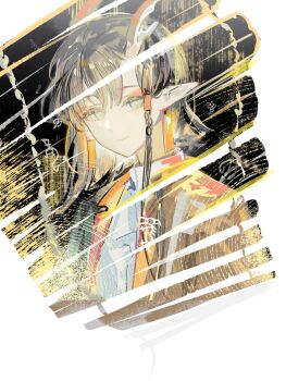  1girl arknights black_hair blue_eyes commentary_request dragon_horns earrings eyeshadow highres horns jacket jewelry jie_(arknights) lantercat looking_at_viewer makeup orange_jacket pointy_ears short_hair simple_background smile solo tassel tassel_earrings upper_body white_background 