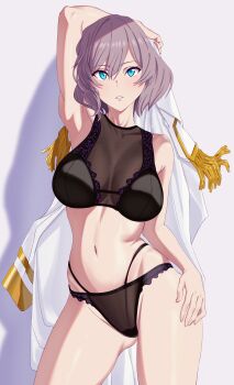  1girl black_bra blue_eyes blush bra breasts brown_hair gridman_universe highres holding_cloth jacket large_breasts lingerie looking_at_viewer military_jacket mujina panties short_hair solo ssss.dynazenon thighs underwear wakusei-planet white_jacket  rating:Sensitive score:30 user:danbooru