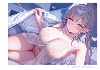  :p babydoll bare_arms bed blurry blurry_background blush breasts brown_eyes cleavage collarbone comiket_107 commentary_request highres indoors large_breasts long_hair looking_at_viewer lying mintice_(asatsukimint) navel nipples on_bed on_side original panties purple_eyes see-through_babydoll see-through_clothes sidelocks smile string_lights tongue tongue_out under_covers underwear white_babydoll white_panties 