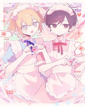  2boys :< :d absurdres alternate_costume antenna_hair apron bandaid bare_arms basil_(faraway)_(omori) basil_(omori) black_eyes black_hair blonde_hair blue_bow blue_bowtie blue_dress border bow bowtie closed_mouth collared_dress contrast_collar cowboy_shot crossdressing crossdressing_(mtf) crossed_bandaids crossed_bangs double-parted_bangs dress enmaided expressionless facing_viewer film_grain fingernails flower four-finger_heart_hands frilled_apron frills green_background grey_eyes hair_between_eyes hair_flower hair_ornament hands_up headdress heart heart_hands heart_in_heart_hands highres jitome lace lace_border light_blush looking_at_viewer looking_to_the_side maid maid_apron maid_headdress male_focus mqd0rl multiple_boys omori open_mouth ornate_border outline outside_border pink_background pink_dress pink_flower pixel_art_inset puffy_short_sleeves puffy_sleeves red_bow red_bowtie short_hair short_sleeves sidelocks sideways_glance simple_background sleeve_cuffs smile standing straight-on sunny_(omori) sweatdrop swept_bangs very_short_hair white_apron white_border white_headdress white_outline 