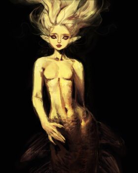  1girl \m/ absurdres arm_behind_back black_background black_sclera blonde_hair colored_sclera colored_skin commentary english_commentary facing_viewer floating_hair highres long_hair looking_at_viewer mermaid monster_girl original pointy_ears simple_background solo twulfs yellow_skin 