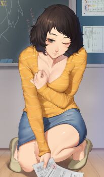  1girl absurdres black_hair board_eraser breasts chalk chalkboard classroom collarbone commentary denim denim_skirt highres holding holding_paper kawakami_sadayo kneeling magdalenus27 one_eye_closed paper persona persona_5 picking_up scoop_neck shirt skirt smile solo striped_clothes striped_shirt thighs yellow_shirt 