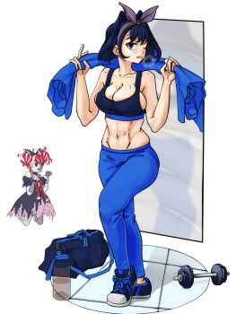  2girls absurdres bag bandana blue_bag blue_eyes blue_hair blue_pants blue_sports_bra bottle breasts breath cleavage collarbone colored_skin colored_tongue commentary devis_moriarty duffel_bag english_commentary exercising hair_intakes heterochromia highres holding holding_towel hololive hololive_english hololive_indonesia kureiji_ollie large_breasts looking_at_viewer mirror mismatched_pupils multicolored_hair multiple_girls navel one_eye_closed ouro_kronii pants patchwork_skin purple_tongue red_hair shoes short_hair simple_background sports_bra stomach sweat tile_floor tiles toned toned_female towel turning_head virtual_youtuber water_bottle weight white_background workout_clothes zombie 