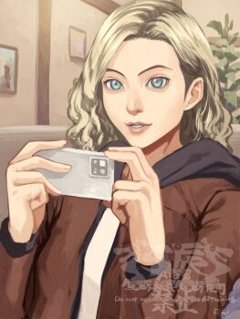  1girl 5tatsu blonde_hair blue_eyes brown_jacket cellphone commentary_request grace_ashcroft hair_behind_ear highres holding holding_phone hood hood_down hooded_jacket indoors jacket medium_hair parted_bangs parted_lips phone picture_frame plant potted_plant resident_evil resident_evil_requiem shirt smartphone solo wavy_hair white_shirt 