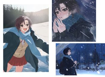  1girl :d antenna_hair bare_tree black_coat black_hair blue_scarf blush breath brown_cardigan cardigan coat day eyelashes forest grey_eyes holding holding_umbrella house idolmaster idolmaster_(classic) idolmaster_million_live! idolmaster_million_live!_theater_days kikuchi_makoto multiple_views nature night open_mouth outdoors parted_bangs pine_tree pleated_skirt power_lines red_ribbon red_skirt ribbon ryuuboku_(stapler2355) scarf school_uniform short_hair skirt sleeves_past_wrists smile snowing sunlight teeth transparent transparent_umbrella tree umbrella upper_teeth_only white_background winter winter_clothes winter_coat 