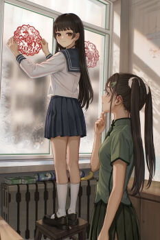  2girls absurdres black_hair black_shoes blouse blue_sailor_collar blue_skirt blunt_bangs blunt_sidelocks breasts brown_eyes brown_hair commentary_request decorating green_shirt green_skirt hair_ornament hairclip highres hime_cut indoors long_hair looking_back multiple_girls nveve on_stool original pleated_skirt sailor_collar school_uniform scrunchie serafuku shirt shoes sidelocks skirt small_breasts smile socks standing stool twintails white_scrunchie white_serafuku white_socks window winter_uniform 