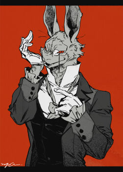  1boy animal_ears colored_sclera commentary devil_may_cry_(netflix) devil_may_cry_(series) english_commentary furry furry_male gloves highres looking_at_viewer male_focus monocle nagabe necktie popped_collar rabbit_boy rabbit_ears red_background red_sclera removing_glove signature smile undone_necktie white_gloves white_rabbit_(devil_may_cry) 
