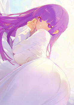  1girl :t absurdres ass blush breasts commentary dress elbow_rest english_commentary fern_(sousou_no_frieren) from_behind highres large_breasts long_hair long_sleeves looking_at_viewer looking_back lying on_stomach purple_eyes purple_hair serelith solo sousou_no_frieren very_long_hair white_dress 