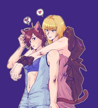 !? 2girls animal_ears blonde_hair blue_background blue_eyes blunt_bangs bound bound_wrists breasts brown_hair cat_ears cat_girl cat_tail emilie_de_rochefort heart kazama_asuka multiple_girls smile speech_bubble spoken_interrobang sweat tail tekken wana_ntd yuri  rating:Sensitive score:7 user:danbooru