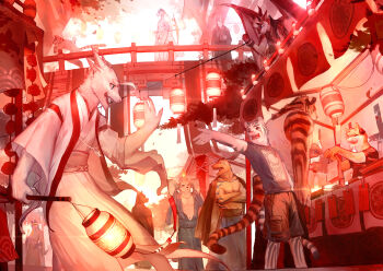  6+boys absurdres animal_ears crossed_arms dog_boy dog_ears dragon dragon_boy dragon_horns fantasy festival furry furry_male highres horns japanese_clothes lantern multiple_boys open_mouth original outdoors paper_lantern reptile_boy tail tiger_boy tiger_ears tiger_tail tree wincalblanke wolf_boy wolf_ears wolf_tail 