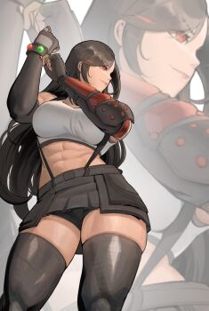  1girl abs absurdres bare_shoulders black_hair black_sports_bra black_thighhighs breasts commentary crop_top earrings elbow_pads english_commentary final_fantasy final_fantasy_vii final_fantasy_vii_remake fingerless_gloves gloves highres jewelry large_breasts long_hair low-tied_long_hair midriff red_eyes shorts shorts_under_skirt single_arm_guard single_elbow_pad skirt smile solo sports_bra suspender_skirt suspenders suspenders_gap tank_top teardrop_earrings thighhighs tifa_lockhart white_tank_top zukululuu 