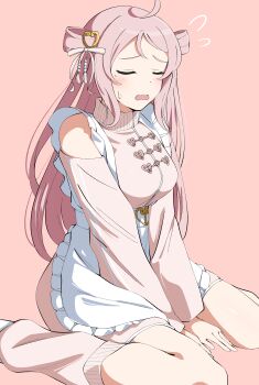  1girl absurdres ahoge apron bare_shoulders breasts clothing_cutout commentary dress embarrassed flying_sweatdrops frilled_apron frills hair_ornament hair_ribbon hair_rings heart heart_hair_ornament highres jersey_maid large_breasts leg_warmers long_hair love_live! love_live!_nijigasaki_high_school_idol_club maid official_alternate_costume open_mouth parted_bangs pink_background pink_dress pink_hair pink_leg_warmers ribbon short_dress shoulder_cutout simple_background sitting solo tassel tassel_hair_ornament two_side_up uchuu_no_mozuku unconventional_maid underbust very_long_hair waist_apron wariza white_apron white_ribbon zhong_lanzhu 