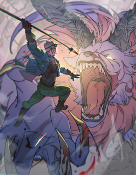  1boy belt blonde_hair blood blood_on_face blue_jacket boots brown_boots cid_highwind commentary_request fighting final_fantasy final_fantasy_vii from_above goggles goggles_on_head green_pants highres holding holding_polearm holding_weapon jacket male_focus monster pants peonrin polearm short_hair weapon 