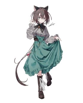  1girl animal_ear_hairband animal_ears artist_name belt black_belt boots breasts brooch brown_boots brown_hair cat_ears closed_mouth commentary_request double-parted_bangs erlenmeyer_flask fake_animal_ears fingernails flask frilled_skirt frilled_sleeves frills full_body glint green_eyes green_nails green_skirt grey_shirt hair_between_eyes hairband hand_in_own_hair hand_up high_heel_boots high_heels highres jewelry knee_boots lace-up_boots long_hair long_skirt long_sleeves looking_at_viewer medium_breasts nail_polish o-ring o-ring_belt original puritan_collar raised_eyebrow shirt simple_background skirt skirt_hold smile solo standing standing_on_one_leg turning_head very_long_hair watakokyu white_background 