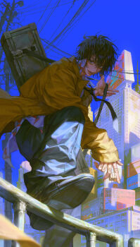  1boy absurdres black_eyes black_hair black_pants black_shoes brown_coat building coat commentary_request copyright_name dice finger_tattoo from_below hair_between_eyes highres holding holding_dice korean_commentary looking_at_viewer male_focus nagumo_(sakamoto_days) open_mouth pants power_lines sakamoto_days shoe_soles shoes short_hair sky solo tattoo teeth utility_pole zero_q_0q 