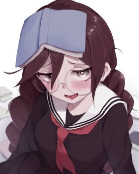  1girl black_serafuku black_shirt blush book book_on_head braid brown_hair collared_shirt commentary_request danganronpa:_trigger_happy_havoc danganronpa_(series) fukawa_toko glasses grey_eyes hair_between_eyes heart heart-shaped_pupils highres kitai_muraki_yomu long_hair long_sleeves mole mole_under_mouth neckerchief object_on_head open_book open_mouth red_neckerchief round_eyewear sailor_collar school_uniform serafuku shirt smile solo symbol-shaped_pupils tongue tongue_out twin_braids white_background white_sailor_collar 