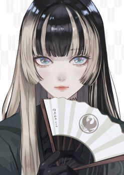  1girl absurdres black_dress black_gloves black_hair blue_eyes blunt_bangs capelet closed_mouth commentary_request dhbwinner dress expressionless folding_fan gloves grey_hair hand_fan highres hime_cut holding holding_fan hololive hololive_dev_is juufuutei_raden juufuutei_raden_(1st_costume) long_hair looking_at_viewer multicolored_hair paper_fan solo straight-on straight_hair streaked_hair two-tone_hair virtual_youtuber yatagarasu 