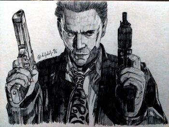  1boy absurdres asymmetrical_dual_wielding averting_eyes buttons closed_mouth collared_shirt commentary cropped_torso derivative_work desert_eagle detective dual_wielding english_commentary finger_on_trigger fingernails forehead gradient_background graphite_(medium) greyscale gun handgun highres holding holding_gun holding_weapon instagram_username jacket lips looking_up loose_necktie male_focus mature_male max_payne max_payne_(character) max_payne_(series) micro_uzi monochrome necktie nose open_clothes open_collar open_jacket print_necktie serious shirt short_hair sketch sketchydolphin96 solo submachine_gun traditional_media unbuttoned upper_body very_short_hair weapon western_comics_(style) 