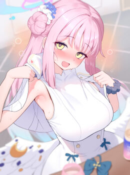 1girl angel_wings armpits blue_archive blue_bow blurry blurry_background blush bow breasts capelet dress feathered_wings flower hair_bun hair_flower hair_ornament hair_ribbon halo highres large_breasts long_hair looking_at_viewer low_wings mika_(blue_archive) necktie open_mouth pink_hair pink_halo purple_flower ribbon scrunchie single_side_bun solo squeans sweat underbust undressing unworn_necktie ushimittsu white_capelet white_dress white_ribbon white_wings wings wrist_scrunchie yellow_eyes rating:Sensitive score:26 user:danbooru