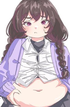  1girl belly belly_grab black_hair black_skirt blush braid cardigan character_request clothes_lift crustacean_crab hair_over_shoulder hand_on_own_stomach long_hair navel open_cardigan open_clothes pink_eyes plump pout purple_cardigan shirt shirt_lift skirt solo tight_clothes twin_braids weight_conscious white_background white_shirt 