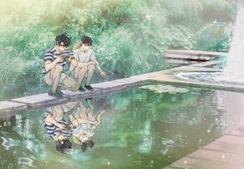  2boys alternate_costume bag black_hair blue_shorts bush camera commentary elbow_on_knee english_commentary full_body holding holding_camera kim_dokja light_particles making_board male_focus multiple_boys omniscient_reader's_viewpoint outdoors photo_background pointing pond reflection ripples shirt short_hair shorts squatting striped_clothes striped_shirt t-shirt taking_picture white_shirt white_shorts yoo_joonghyuk 