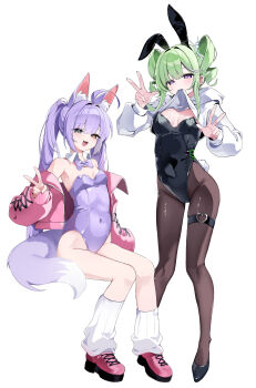  2girls absurdres animal_ear_hairband animal_ears black_leotard black_pantyhose black_shoes breasts chaum commentary detached_collar fake_animal_ears fox_ears fox_girl fox_tail green_hair hairband highres invisible_chair jacket leotard long_hair looking_at_viewer medium_breasts multicolored_eyes multiple_girls open_clothes open_jacket open_mouth pantyhose pink_shoes playboy_bunny purple_hair purple_leotard rabbit_ears shoes simple_background sitting small_breasts smile socks standing stellive symbol-only_commentary tail tenko_shibuki twintails virtual_youtuber white_background white_socks wing_collar yuzuha_riko 