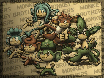  :3 border closed_eyes closed_mouth commentary_request english_text gen_5_pokemon highres kajimaru_(untindo) nintendo panpour pansage pansear pokemon pokemon_(creature) pokemon_focus simipour simisage simisear smile standing thumbs_up 