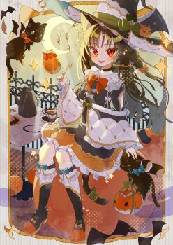  1girl :d animal animal_ear_fluff animal_ears black_boots black_dress black_hair black_hat blush boots bow bowtie cat cat_ears cat_girl cat_tail commentary crescent_moon cup cupcake dress food frilled_dress frilled_sleeves frilled_socks frills full_body green_bow halloween hat hat_bow high_heel_boots high_heels highres kneehighs long_hair long_sleeves looking_at_viewer moon open_mouth original pumpkin red_bow red_bowtie red_eyes sitting smile socks solo symbol-only_commentary table tail teacup teapot tsukumi_bis twitter_username white_socks wide_sleeves witch witch_hat 