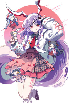  4girls alternate_costume alternate_hairstyle animal_ears black_hair black_shoes blue_dress braid cake_mogo carrot carrot_necklace chibi closed_eyes commentary_request dress eyepatch eyepatch_lift hat highres hime_cut houraisan_kaguya inaba_tewi jewelry long_hair long_sleeves looking_at_viewer loose_socks medium_hair multiple_girls necklace necktie nurse_cap parted_lips pink_dress pink_shirt pink_skirt purple_hair rabbit_ears rabbit_girl red_dress red_eyes red_necktie red_skirt reisen_udongein_inaba shirt shoes side_braids skirt smile socks tie_clip touhou twin_braids two-tone_dress very_long_hair white_hair white_shirt white_socks yagokoro_eirin 