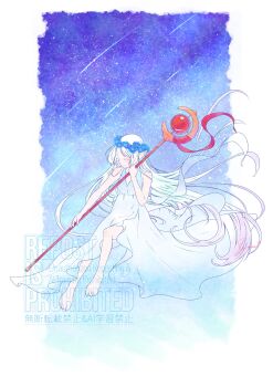 1girl aruna bare_arms bare_shoulders barefoot blue_flower border breasts closed_eyes commentary dress elf floating flower forget-me-not_(flower) frieren full_body gem grey_hair head_wreath highres holding holding_staff long_dress long_hair meteor_shower night parted_bangs pointy_ears red_gemstone shooting_star sky sleeveless sleeveless_dress small_breasts solo sousou_no_frieren staff sundress symbol-only_commentary white_border