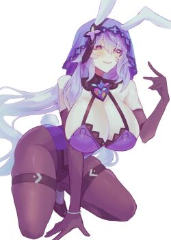  1girl adapted_costume black_pantyhose black_swan_(honkai:_star_rail) breasts cleavage commentary commentary_request elbow_gloves english_commentary gloves gnu36 highres honkai:_star_rail honkai_(series) large_breasts leotard long_hair looking_at_viewer mixed-language_commentary multicolored_eyes pantyhose parted_lips purple_gloves purple_hair purple_leotard purple_veil seiza simple_background sitting solo two-tone_eyes veil very_long_hair white_background 