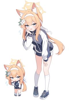 1girl absurdres animal_ear_fluff animal_ears black_footwear black_jacket black_shorts blue_archive blue_eyes blush breasts cat_ears flower flying_sweatdrops gym_shorts gym_uniform hair_flower hair_ornament halo highres jacket long_hair long_sleeves looking_at_viewer mari_(blue_archive) mari_(track)_(blue_archive) multiple_views nonddu official_alternate_costume open_mouth orange_hair shoes shorts simple_background small_breasts socks track_jacket white_background white_flower white_socks yellow_halo rating:General score:11 user:danbooru