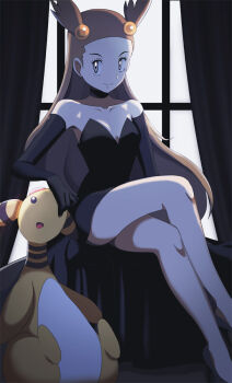  1girl ampharos black_dress brown_eyes brown_hair crossed_legs curtains detached_sleeves dress formal_clothes gen_2_pokemon hair_ornament highres jasmine_(pokemon) long_legs nintendo pokemon pokemon_(creature) pokemon_hgss sitting smile solo vivivoovoo  rating:Sensitive score:46 user:danbooru