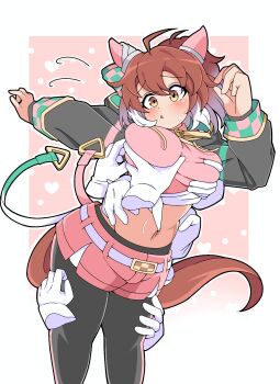  1girl absurdres ahoge animal_ears belt black_pantyhose blush breast_lift breasts brown_eyes brown_hair checkered_ribbon cowboy_shot cropped_legs dantsu_flame_(center_spotlight)_(umamusume) dantsu_flame_(umamusume) ear_covers grabbing_another's_breast grabbing_from_behind groping hair_ornament highres horse_ears horse_girl horse_tail ken725011186 large_breasts master_hand medium_hair navel open_mouth pantyhose simple_background solo tail umamusume white_background 