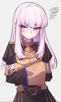  1girl annoyed blush closed_mouth commentary_request crossed_arms dokon fire_emblem fire_emblem:_three_houses garreg_mach_monastery_uniform grey_background highres long_hair long_sleeves looking_at_viewer lysithea_von_ordelia nintendo pink_eyes simple_background sleeves_past_wrists solo squiggle sweatdrop white_hair 