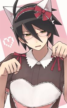  1boy ahoge animal_ears black_hair blush bow cat_ears collar commentary_request crossdressing crossdressing_(mtf) embarrassed glasses green_eyes hair_between_eyes headband heart highres itoshiki_nozomu kemonomimi_mode looking_to_the_side magusagari male_focus open_mouth paw_pose pink_background red_bow red_headband sayonara_zetsubou_sensei solo upper_body white_collar 