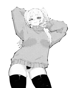  1girl absurdres arms_up breasts commentary cow elf english_commentary frieren from_below gluteal_fold highres long_hair looking_at_viewer medium_breasts miregeist monochrome pointy_ears solo sousou_no_frieren sweater thick_eyebrows thighhighs thighs twintails upper_body zettai_ryouiki 